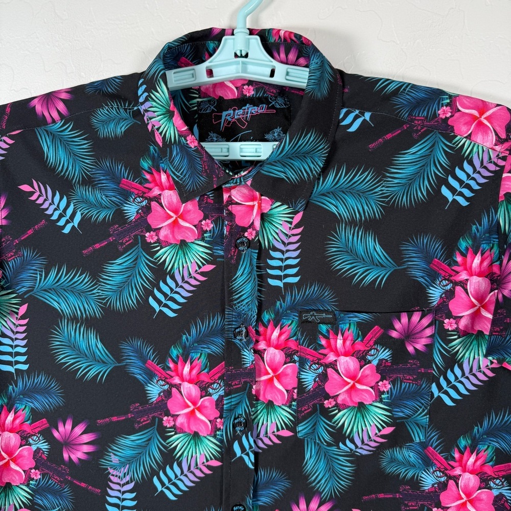 Retro Rifle Shirt Mens Large Black Tropics Button Down Hawaiian Floral‎ Stretch